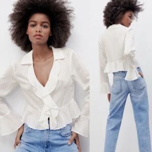 Zara White Viscose Blend Striped Ruffled V-neck Blouse xs